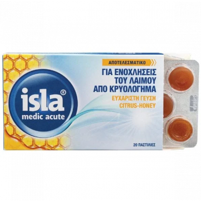 FarmaSyn Isla Medic Acute 20τμχ  Παστίλιες Με Γεύση Κίτρο και Μέλι για τις Ενοχλήσεις του Λαιμού από Κρυολόγημα