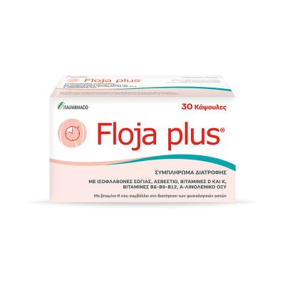 Floja Plus Συμπλήρωμα Διατροφής για την Εμμηνόπαυση με Ισοφλαβόνες σόγιας, Ασβέστιο, Βιταμίνες D και K, Βιταμίνες B6-B9-B12, Α-Λινολενικό οξύ 30 κάψουλες