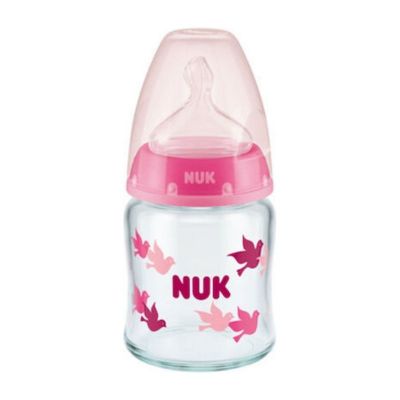 NUK First Choice Plus Μπιμπερό γυάλινο 0-6Months 120ml με θηλή Pink Birds