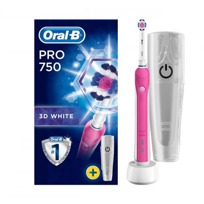 Oral-B Pro 750 3D White-Pink with Travel Case Ηλεκτρική Οδοντόβουρτσα σε Ροζ Χρώμα, 1 τμχ + Δώρο Θήκη Μεταφοράς 